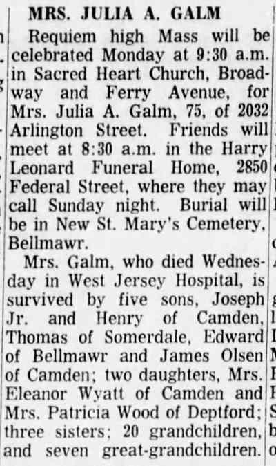 Mrs. Julia A. Galm obituary, Camden Courier-Post, May 21, 1967