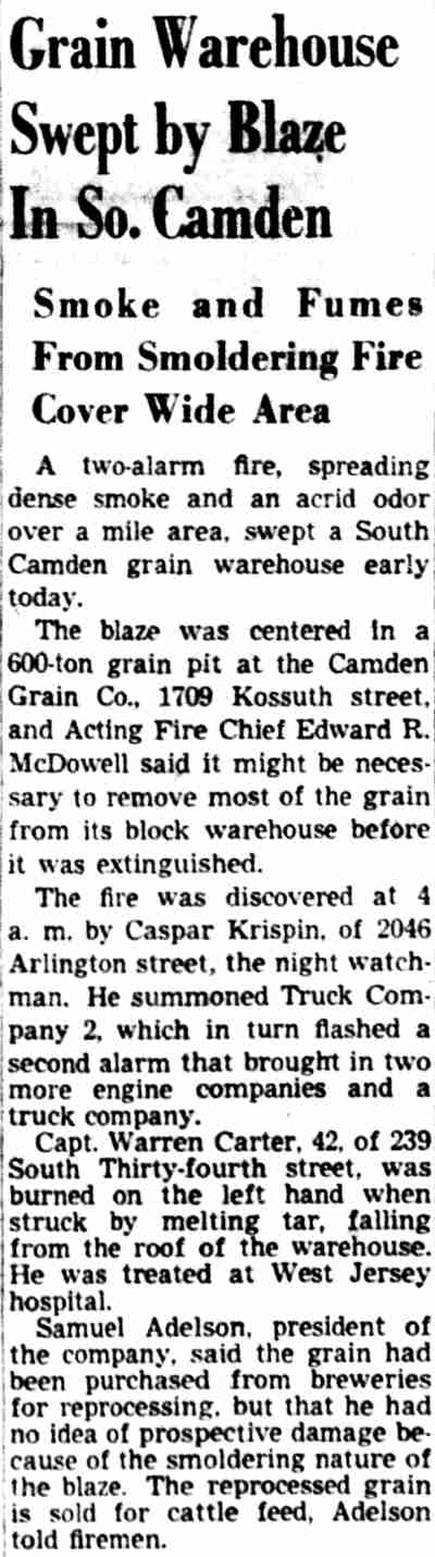 Grain Warehouse Swept by Blaze in South Camden, Camden Courier-Post, August 27, 1951