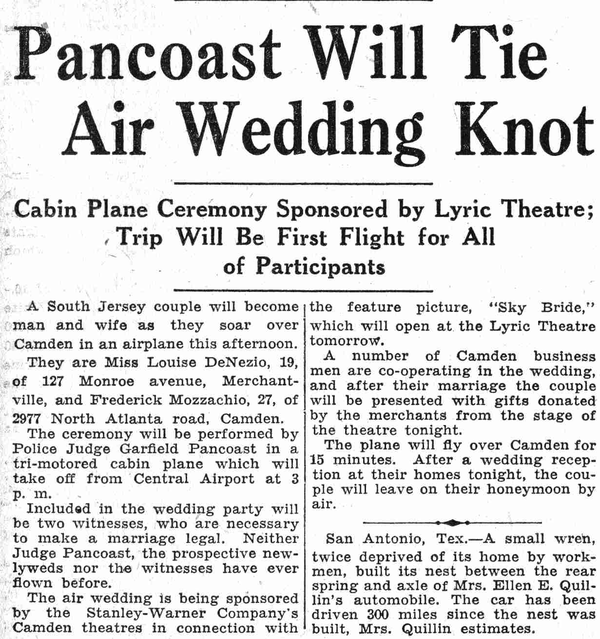 Pancoast Will Tie Air Wedding Knot — Frederick Mozzachio, 2977 Atlanta Road, Camden Courier-Post, June 15, 1932