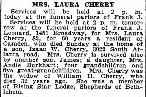 Obituary of Mrs. Laura Cherry, mother of Isaac W. Cherry of 3022 South Atlanta Road — Camden Courier-Post, June 16, 1932
