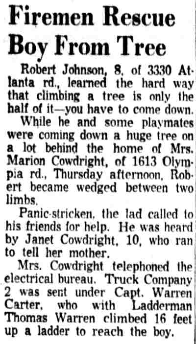 Firemen Rescue Boy From Tree — Robert Johnson, Atlanta Road, Camden Courier-Post, July 2, 1954
