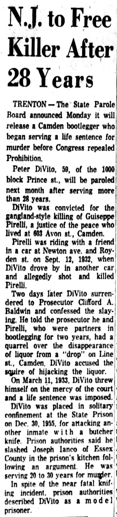 N.J. to Free Killer After 28 Years, Camden Courier-Post, July 18, 1961