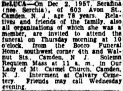 Serafina DeLuca death notice, 603 Avon Street, Camden Courier-Post, December 4, 1957