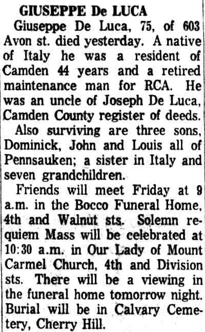 Giuseppe De Luca obituary, 603 Avon Street, Camden Courier-Post, January 8, 1964