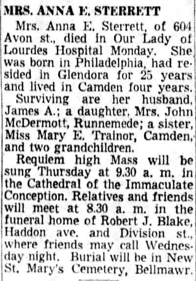 Mrs. Anna E. Sterrett obituary, 604 Avon Street, Camden Courier-Post, August 19, 1952
