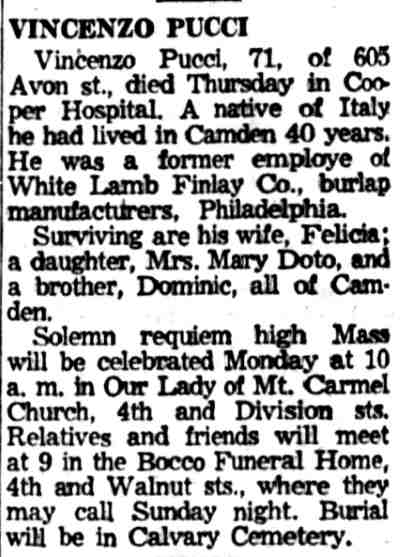 Obituary of Vincenzo Pucci, 605 Avon Street — Camden Courier-Post, December 13, 1958