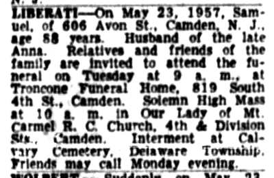 Death notice for Samuel Liberati, 606 Avon Street — Camden Courier-Post, May 24, 1957