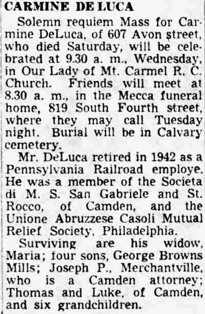 Obituary of Carmine De Luca, 607 Avon Street — Camden Courier-Post, June 26, 1950