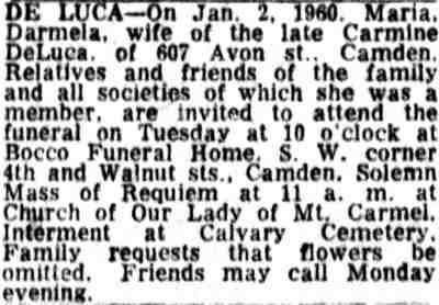 Death notice for Maria De Luca, 607 Avon Street — Camden Courier-Post, January 4, 1960