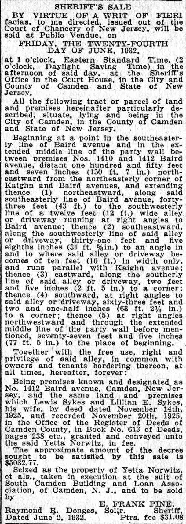 Sheriff's Sale notice for 1412 Baird Avenue — Camden Courier-Post, June 9, 1932