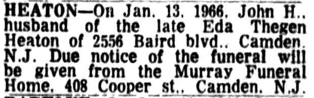 Death notice for John H. Heaton, 2556 Baird Boulevard — Camden Courier-Post, January 14, 1966