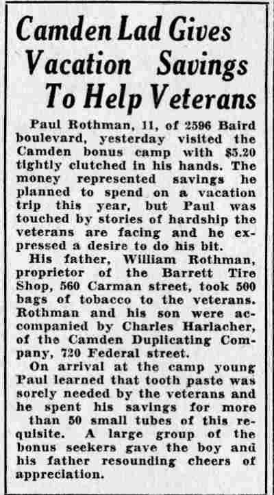 Camden Lad Gives Vacation Savings To Help Veterans — Paul Rothman, Camden Courier-Post, June 9, 1932