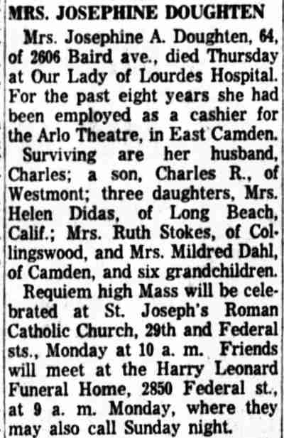 Obituary for Mrs. Josephine Doughten, 2606 Baird Avenue — Camden Courier-Post, July 15, 1960