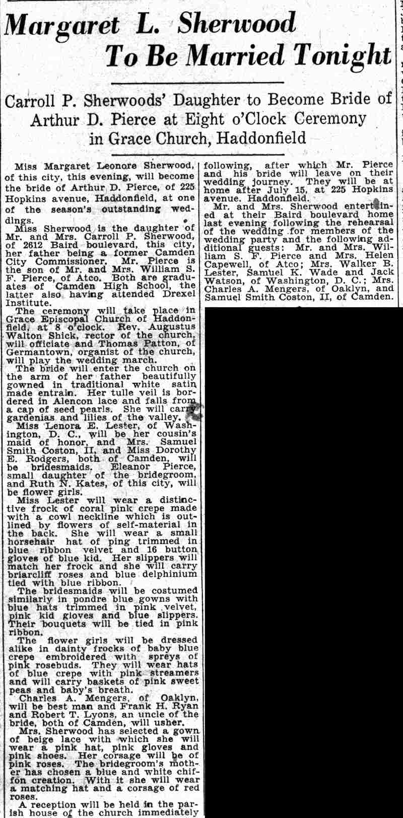 Margaret L. Sherwood To Be Married Tonight — Camden Courier-Post, June 15, 1932
