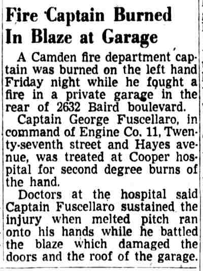 Fire Captain Burned In Blaze at Garage — Captain George Fuscellaro, Camden Courier-Post, April 19, 1952
