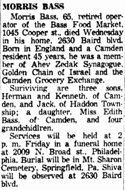 Obituary for Morris Bass, 2630 Baird Boulevard — Camden Courier-Post, February 19, 1959