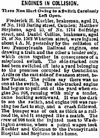 Engines in Collision — Frederick H. Kuebler, 1103 Baring Street — Philadelphia Inquirer, September 12, 1888