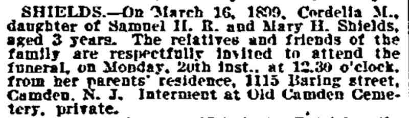 Death notice for Cordelia M. Shields, 1115 Baring Street — Philadelphia Inquirer, March 19, 1899
