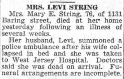 Mrs. Levi String obituary — Camden Courier-Post, July 28, 1941