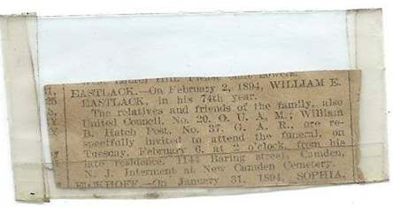 William E. Eastlack death notice, Philadelphia Inquirer, February 1894, 1141 Baring Street