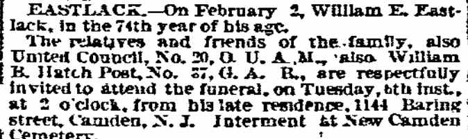 William E. Eastlack death notice, Philadelphia Inquirer, February 6, 1894, 1144 Baring Street