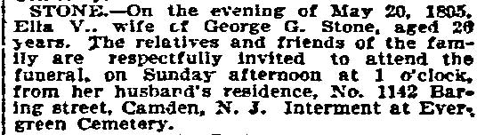 Ella V. Stone death notice, Philadelphia Inquirer, May 23, 1895
