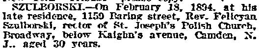 Szulborski death notice, Philadelphia Inquirer, February 20, 1894
