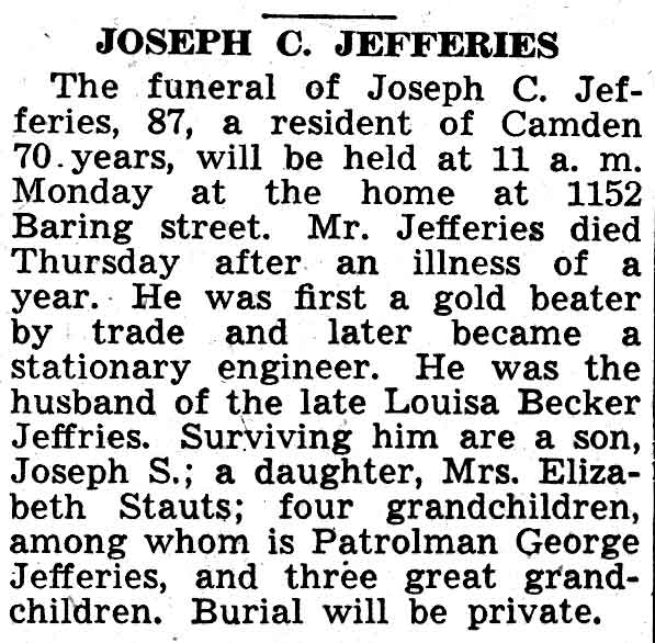 Joseph C. Jefferies obituary, Camden Courier-Post, February 19, 1938