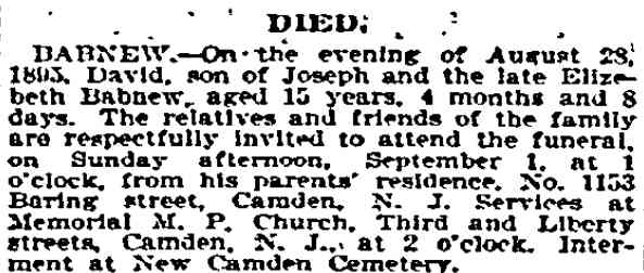 David Babnew death notice, Philadelphia Inquirer, September 1, 1893