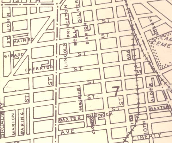 1946 map showing Barton Street running south, three streets west of railroad tracks