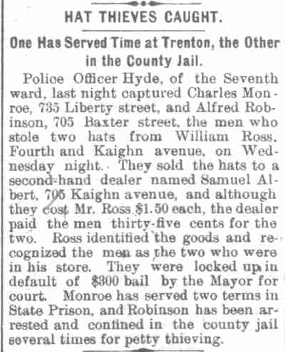 Hat Thieves Caught, Camden Daily Courier, December 18, 1896
