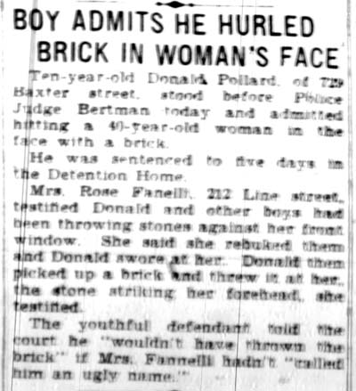 Boy Admits He Hurled Brick in Woman's Face, Camden Courier-Post, June 30, 1928
