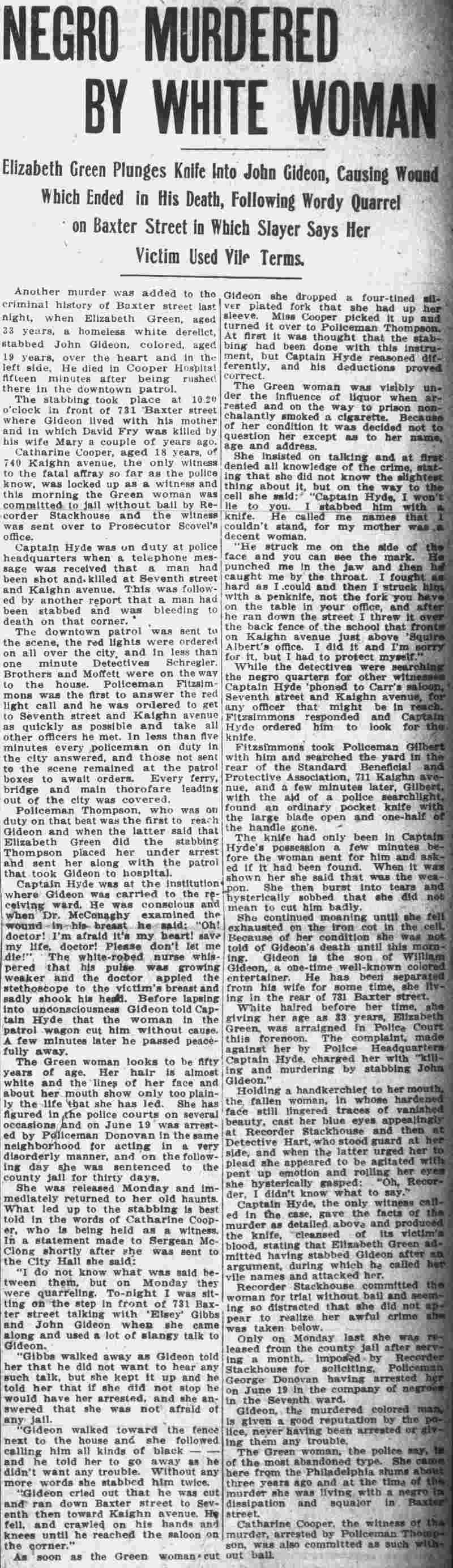 Negro Murdered by White Woman, Camden Post-Telegram, July 19, 1911