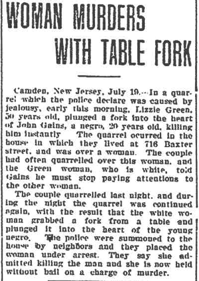 Woman Murders With Table Fork, Trenton True American, July 20, 1911