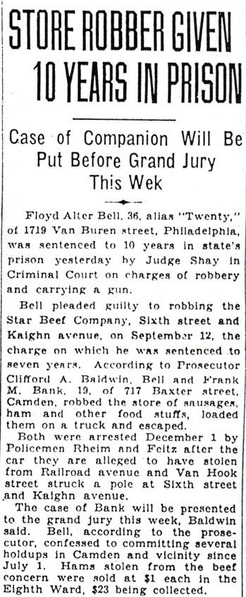 Store Robber Given 10 Years in Prison, Camden Morning Post, December 12, 1930
