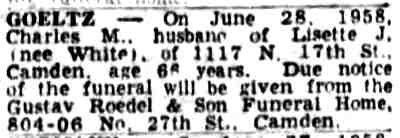 Charles M. Goeltz death notice — Camden Courier-Post, June 28, 1958
