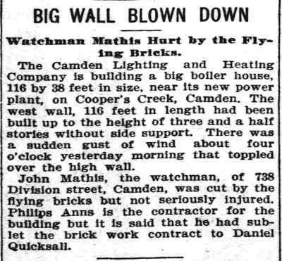 Big Wall Blown Down, Philadelphia Inquirer, January 6, 1897