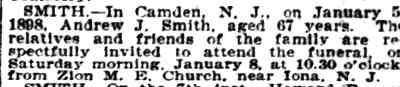 Andrew J. Smith obituary — Philadelphia Inquirer, January 8, 1898