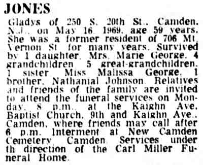 Gladys Jones obituary — Camden Courier-Post, May 17, 1969