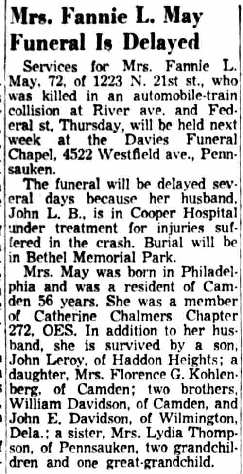 Mrs. Fannie L. May Funeral Is Delayed — Camden Courier-Post, February 3, 1956