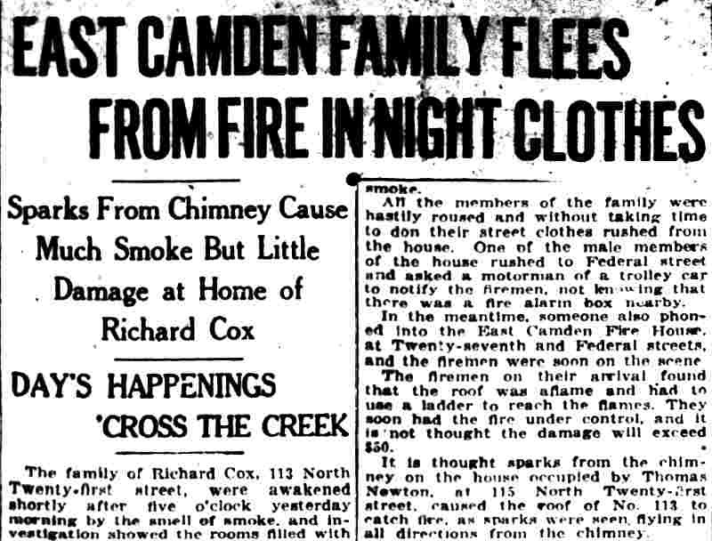 East Camden Family Flees from Fire in Night Clothes — Camden Post-Telegram, January 18, 1923
