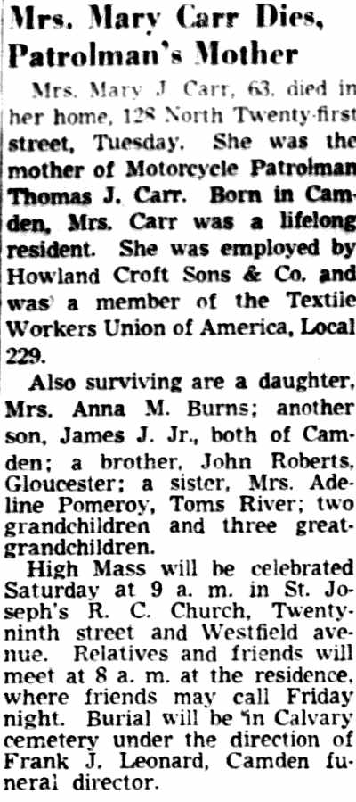 Mrs. Mary Carr obituary — Camden Courier-Post, November 29, 1950