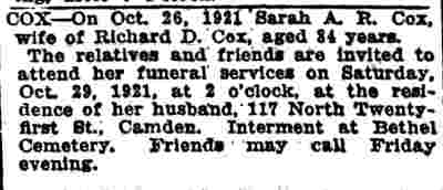 Sarah A. R. Cox obituary — Camden Daily Courier, October 27, 1921