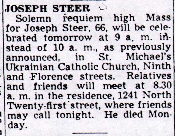 Joseph Steer obituary — Camden Courier-Post, June 4, 1948
