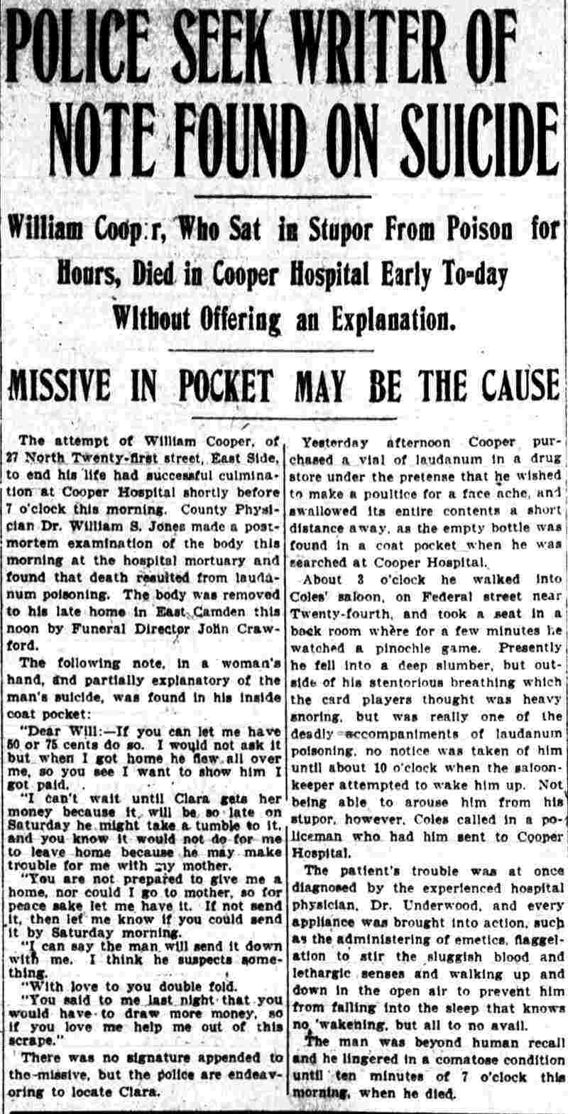 Police Seek Writer of Note Found on Suicide — Camden Post-Telegram, July 12, 1906