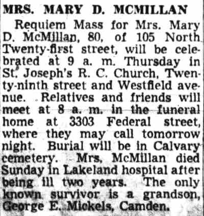Mrs. Mary D. McMillan obituary — Camden Courier-Post, August 2, 1949
