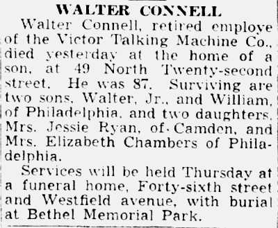 Walter Connell obituary — Camden Courier-Post, July 1941