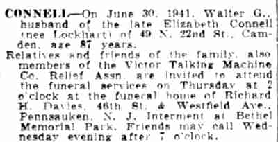 Connell death notice — Camden Courier-Post, July 1941