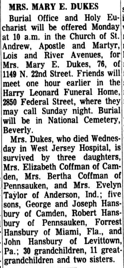 Mrs. Mary E. Dukes obituary — Camden Courier-Post, January 14, 1966