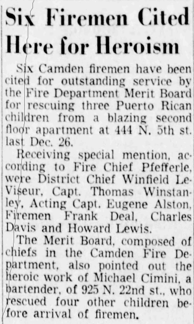 Six Firemen Cited Here for Heroism — Camden Courier-Post, January 12, 1953